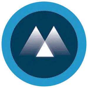 Blue circle logo with stylized mountain peaks in gradient shades.